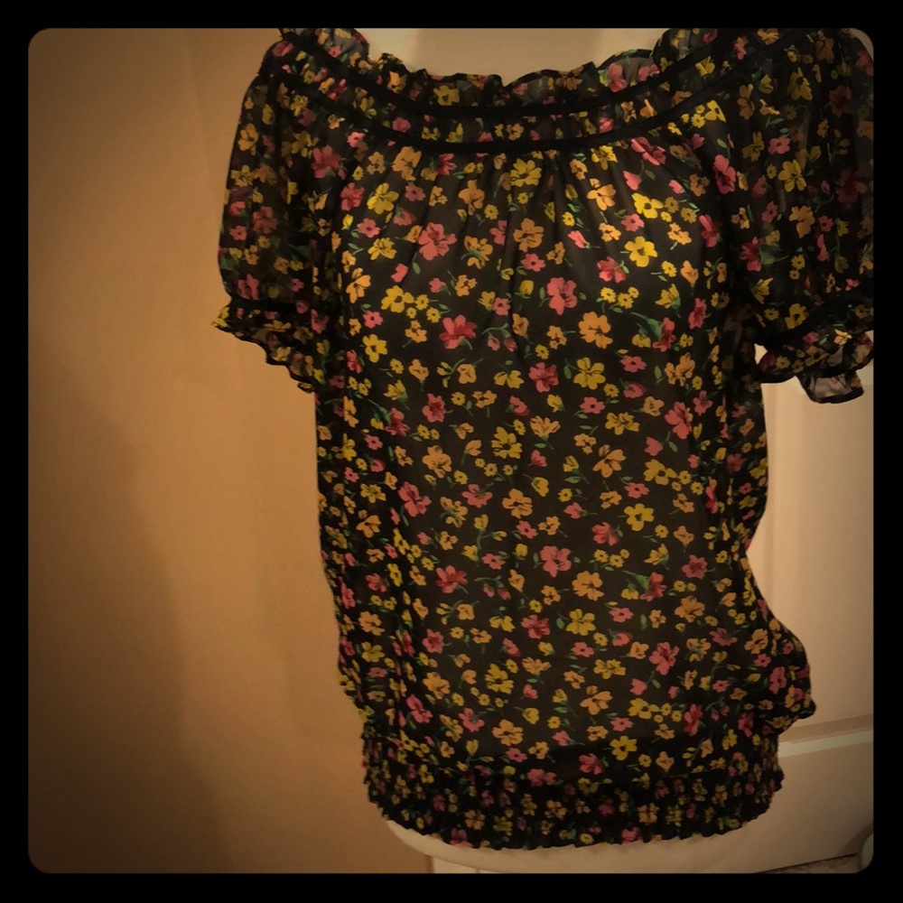 Black floral off the shoulder scrunched top